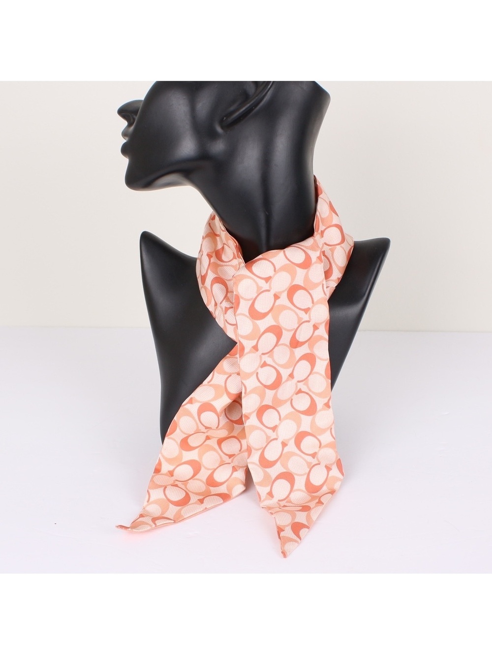 Coach Silk Skinny Scarf Signature C & Stripe Print Peach Pink Neck Bow Wrap